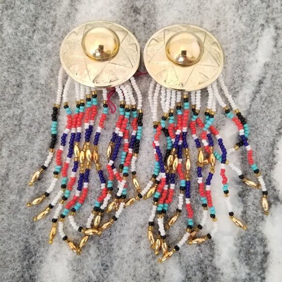 Vintage Long Beaded Colorful Fringe Clip On Earrings, Rainbow, Retro Estate - Picture 1 of 5